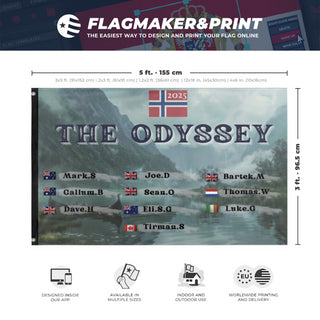 A mockup depicting custom flag specifications and measurements for 'Odyssey flag'