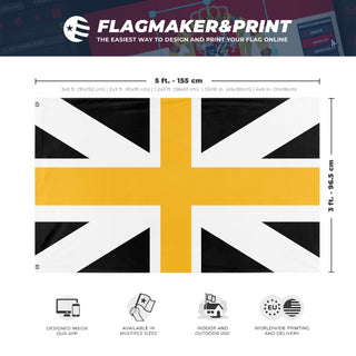 A mockup depicting custom flag specifications and measurements for 'Kingdom of Alexander flag'
