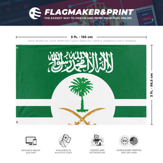 A mockup depicting custom flag specifications and measurements for 'Empire of Saudi Arabia flag'