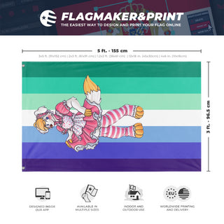 A mockup depicting custom flag specifications and measurements for 'Raffi-pride flag'
