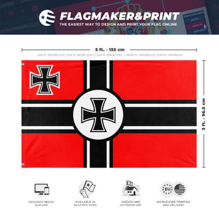 A mockup depicting custom flag specifications and measurements for 'Iron cross flag'