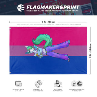A mockup depicting custom flag specifications and measurements for 'Hyper-Raver Bi flag'