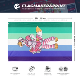 A mockup depicting custom flag specifications and measurements for 'Raffi Gay-pride flag'