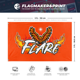 A mockup depicting custom flag specifications and measurements for 'Flare flag'