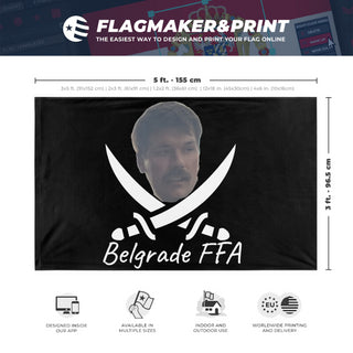 A mockup depicting custom flag specifications and measurements for 'Belgrade FFA Jolly Roger flag'