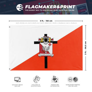 A mockup depicting custom flag specifications and measurements for 'Principality of Silverland flag'
