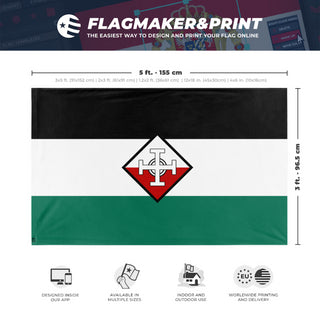 A mockup depicting custom flag specifications and measurements for 'PWO flag'