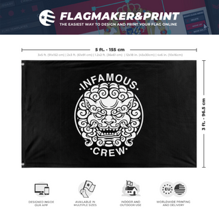 A mockup depicting custom flag specifications and measurements for 'Infamous crew flag'