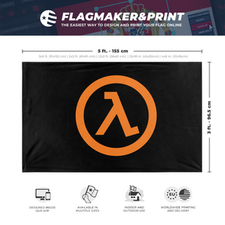 A mockup depicting custom flag specifications and measurements for 'Lambda Resistance flag'
