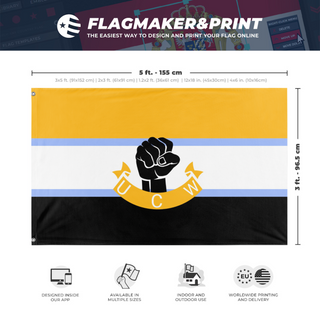 A mockup depicting custom flag specifications and measurements for 'UCW flag'