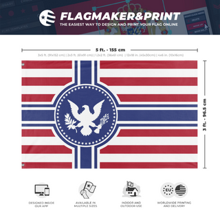 A mockup depicting custom flag specifications and measurements for 'Free American Empire flag'