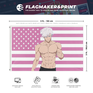A mockup depicting custom flag specifications and measurements for 'Saturo Gojo JJK flag'