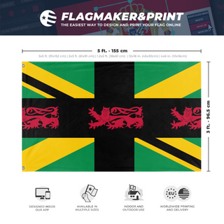 A mockup depicting custom flag specifications and measurements for 'UNITED KINGDOM flag'