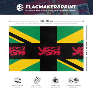 A mockup depicting custom flag specifications and measurements for 'UK FLAG  flag'