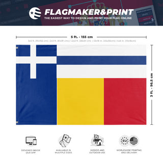 A mockup depicting custom flag specifications and measurements for 'Romania+Greece herritage flag'