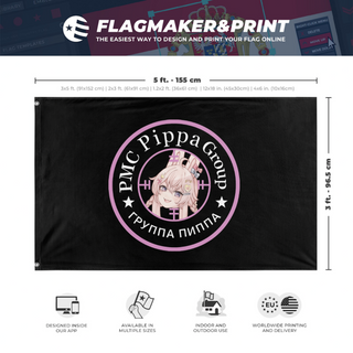 A mockup depicting custom flag specifications and measurements for 'Pippa Group flag'