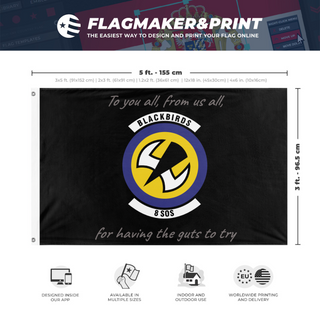 A mockup depicting custom flag specifications and measurements for '8 SOS flag'