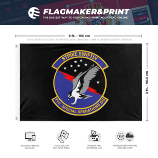 A mockup depicting custom flag specifications and measurements for '71 SOS flag'