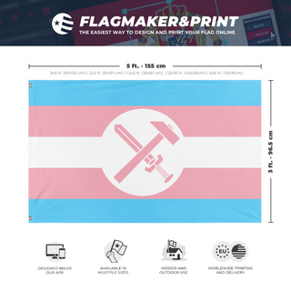 A mockup depicting custom flag specifications and measurements for 'Trans Strasserist flag'