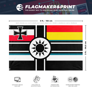 A mockup depicting custom flag specifications and measurements for 'German colony of China flag'