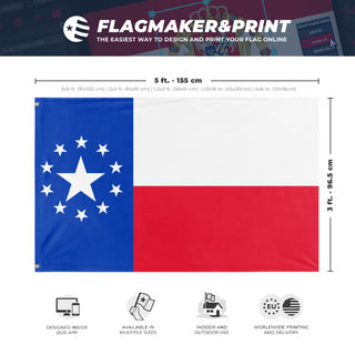 A mockup depicting custom flag specifications and measurements for 'United States of Texas flag'