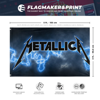 A mockup depicting custom flag specifications and measurements for 'metallica flag'