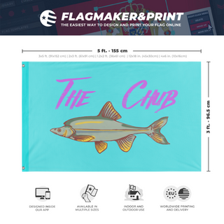 A mockup depicting custom flag specifications and measurements for 'fish flag'