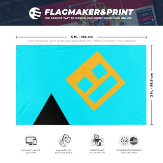 A mockup depicting custom flag specifications and measurements for 'Geometry Logo flag'