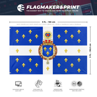A mockup depicting custom flag specifications and measurements for 'Kingdom of France flag'