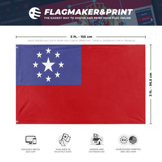 A mockup depicting custom flag specifications and measurements for 'SMALL FREE REPUBLIC OF DONKK  flag'
