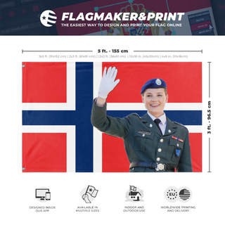 A mockup depicting custom flag specifications and measurements for 'Norge flagg m/ingrid aleksandria flag'