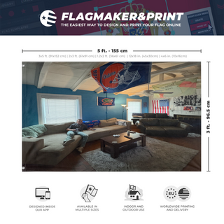 A mockup depicting custom flag specifications and measurements for 'LivingRoom flag'