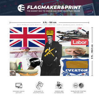 A mockup depicting custom flag specifications and measurements for 'Party flag'