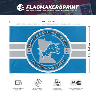 A mockup depicting custom flag specifications and measurements for 'Minnesota Detroit Lions Fans Flag'