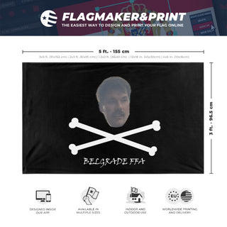 A mockup depicting custom flag specifications and measurements for 'FFA Belgrade Flag'
