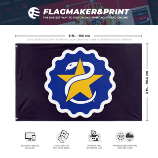 A mockup depicting custom flag specifications and measurements for 'Flag of Star Serpent flag'