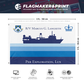 A mockup depicting custom flag specifications and measurements for 'LDEO MGL Expedition Flag'