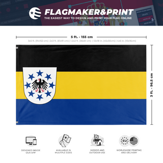 A mockup depicting custom flag specifications and measurements for 'The Reichstaat of Blaukrone flag'