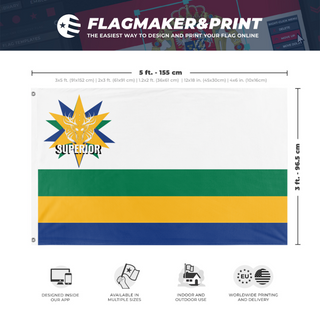 A mockup depicting custom flag specifications and measurements for 'State of Superior State Flag'