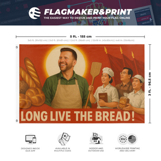 A mockup depicting custom flag specifications and measurements for 'EZPeoplesBreadRepublic flag'