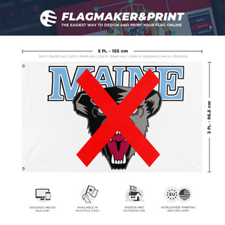 A mockup depicting custom flag specifications and measurements for 'umainesucks flag'