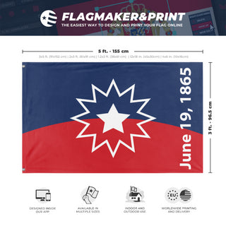 A mockup depicting custom flag specifications and measurements for 'Juneteenth flag'