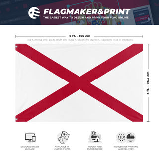 A mockup depicting custom flag specifications and measurements for 'Alabama State Flag'