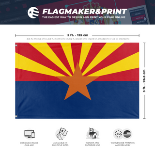 A mockup depicting custom flag specifications and measurements for 'Arizona State Flag'
