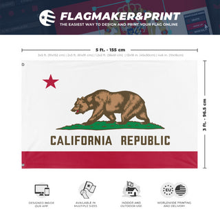 A mockup depicting custom flag specifications and measurements for 'California State Flag'