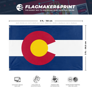 A mockup depicting custom flag specifications and measurements for 'Colorado State Flag'