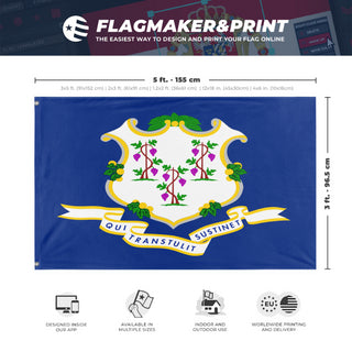 A mockup depicting custom flag specifications and measurements for 'Connecticut State Flag'