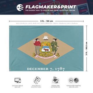 A mockup depicting custom flag specifications and measurements for 'Delaware State Flag'