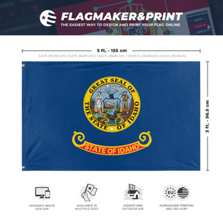 A mockup depicting custom flag specifications and measurements for 'Idaho State Flag'