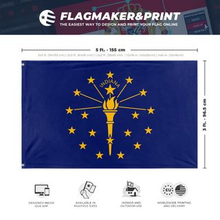 A mockup depicting custom flag specifications and measurements for 'Indiana State Flag'